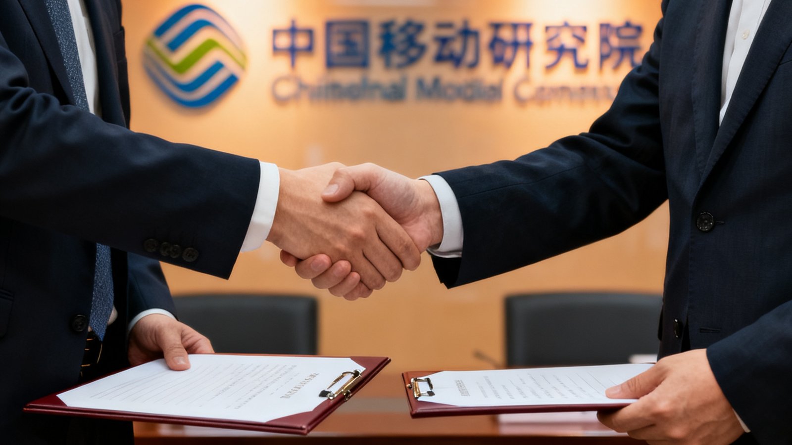 PT视讯与中国移动研究院战略合作签约仪式现场，双方代表握手并交换协议文件。